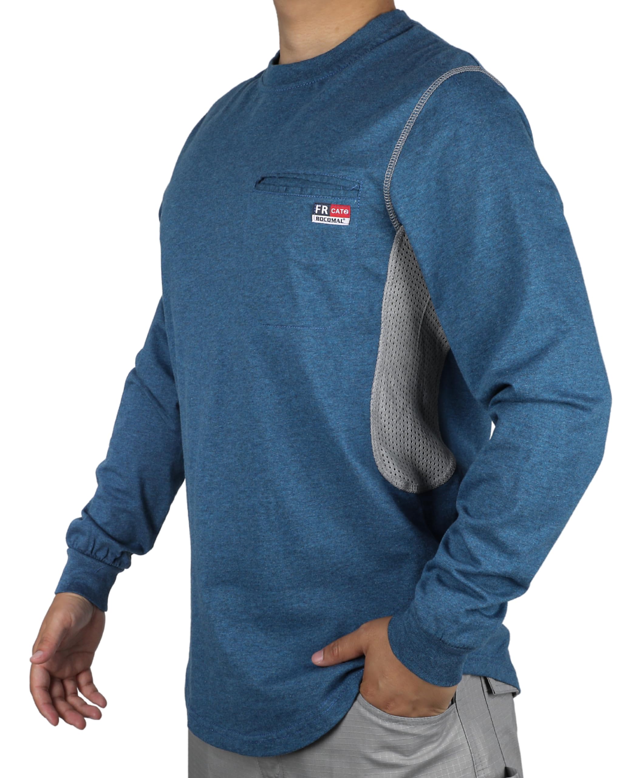 BOCOMAL FR Shirts for Summer Breathable Vented Design 6oz Heather Jersey Flame Resistant Long Sleeve Crew T Shirt
