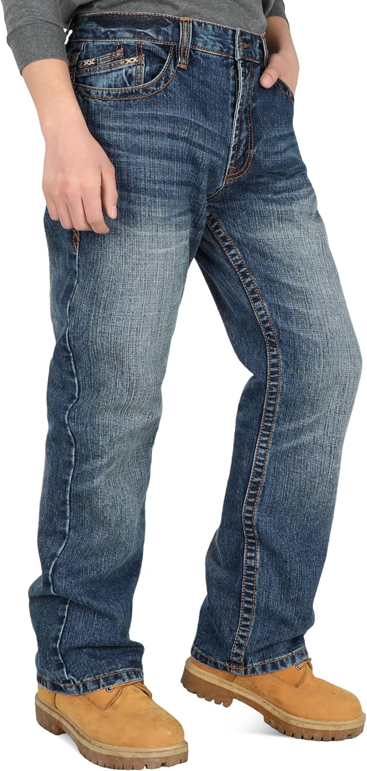 BOCOMAL Non FR-Men's Heavyweight Dura-Rugged Work Jeans Mid Rise Relaxed Fit Boot Cut 7 Utility Pockets Retro Washed Jean