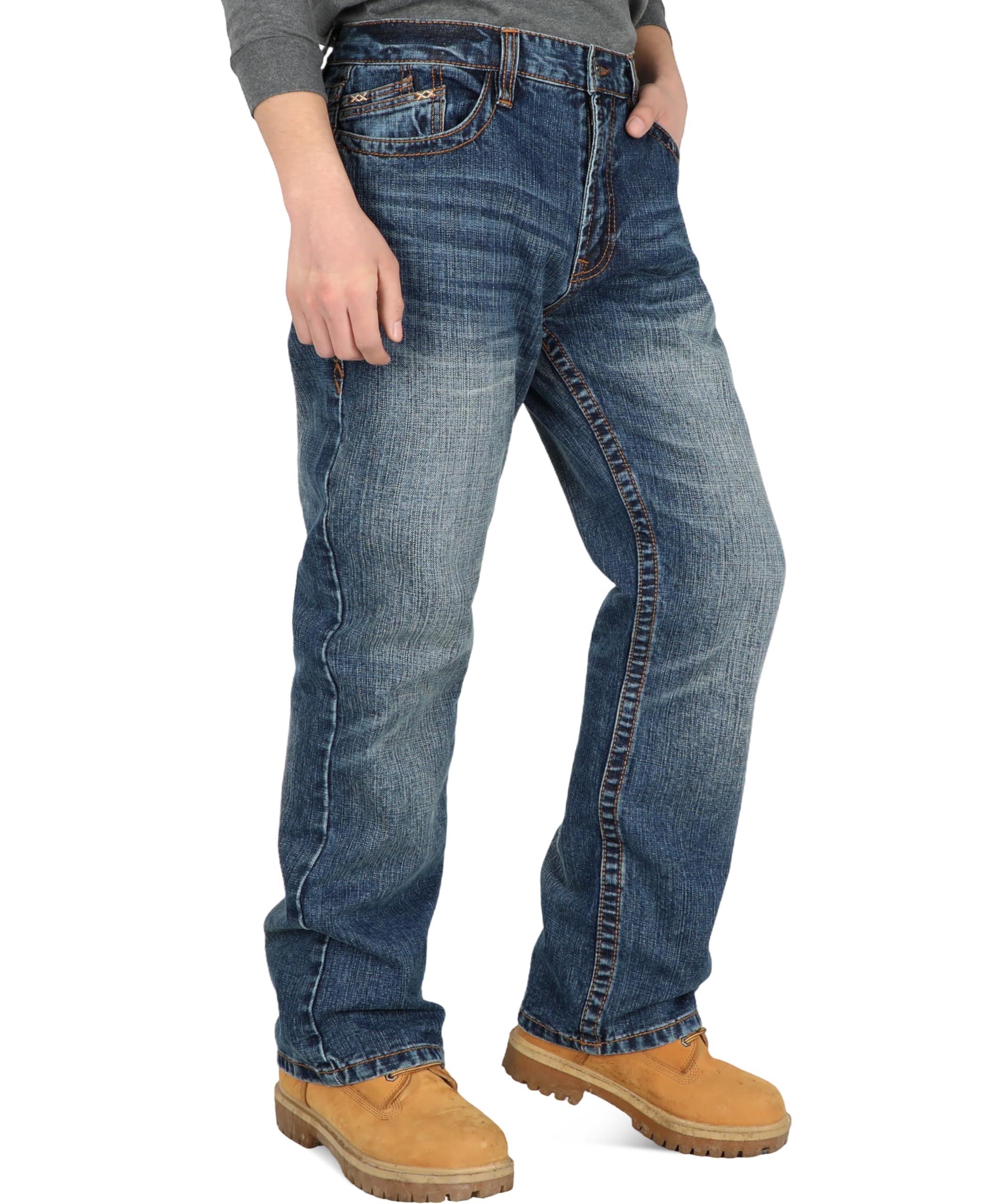 BOCOMAL Non FR-Men's Heavyweight Dura-Rugged Work Jeans Mid Rise Relaxed Fit Boot Cut 7 Utility Pockets Retro Washed Jean