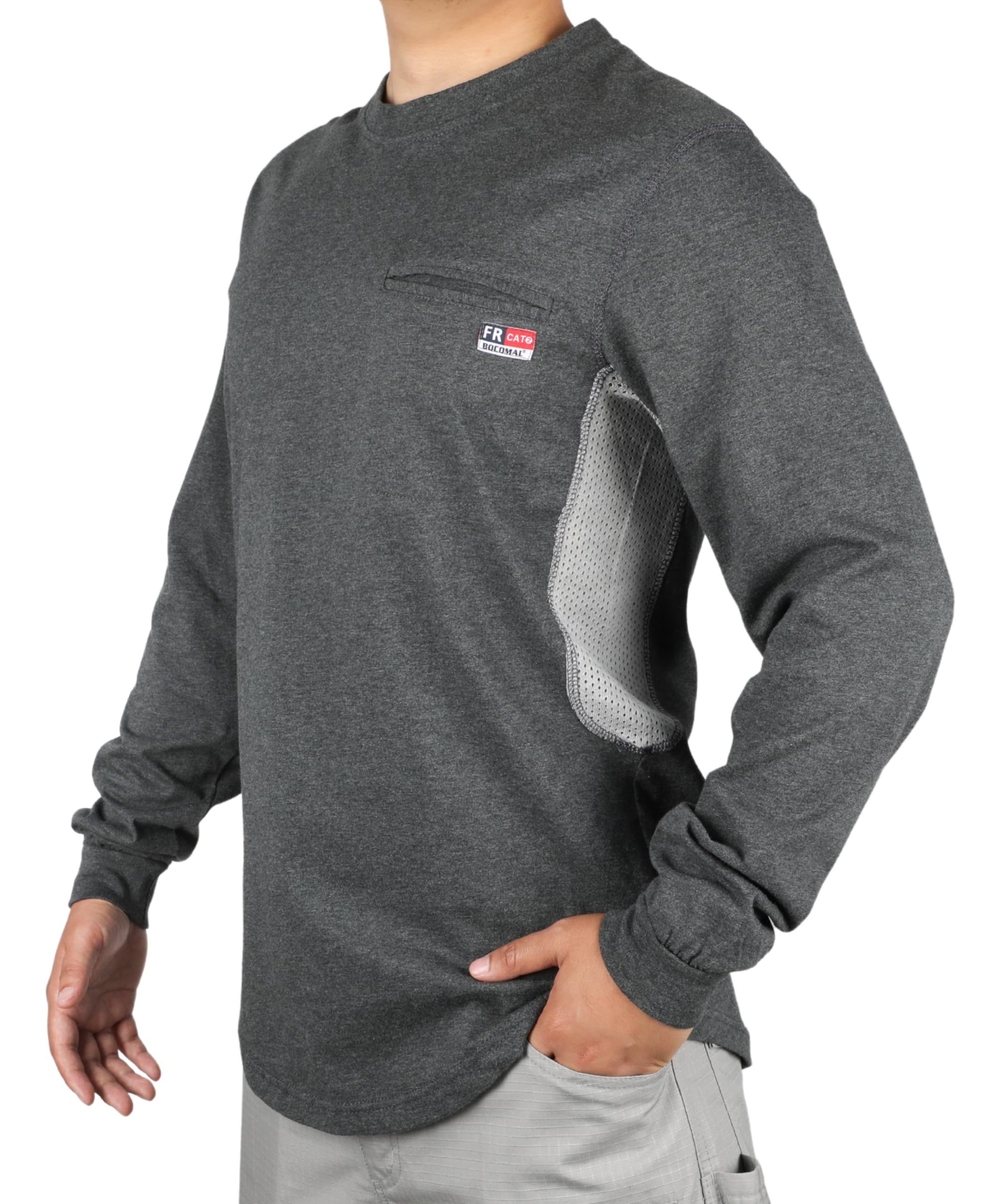 BOCOMAL FR Shirts for Summer Breathable Vented Design 6oz Heather Jersey Flame Resistant Long Sleeve Crew T Shirt