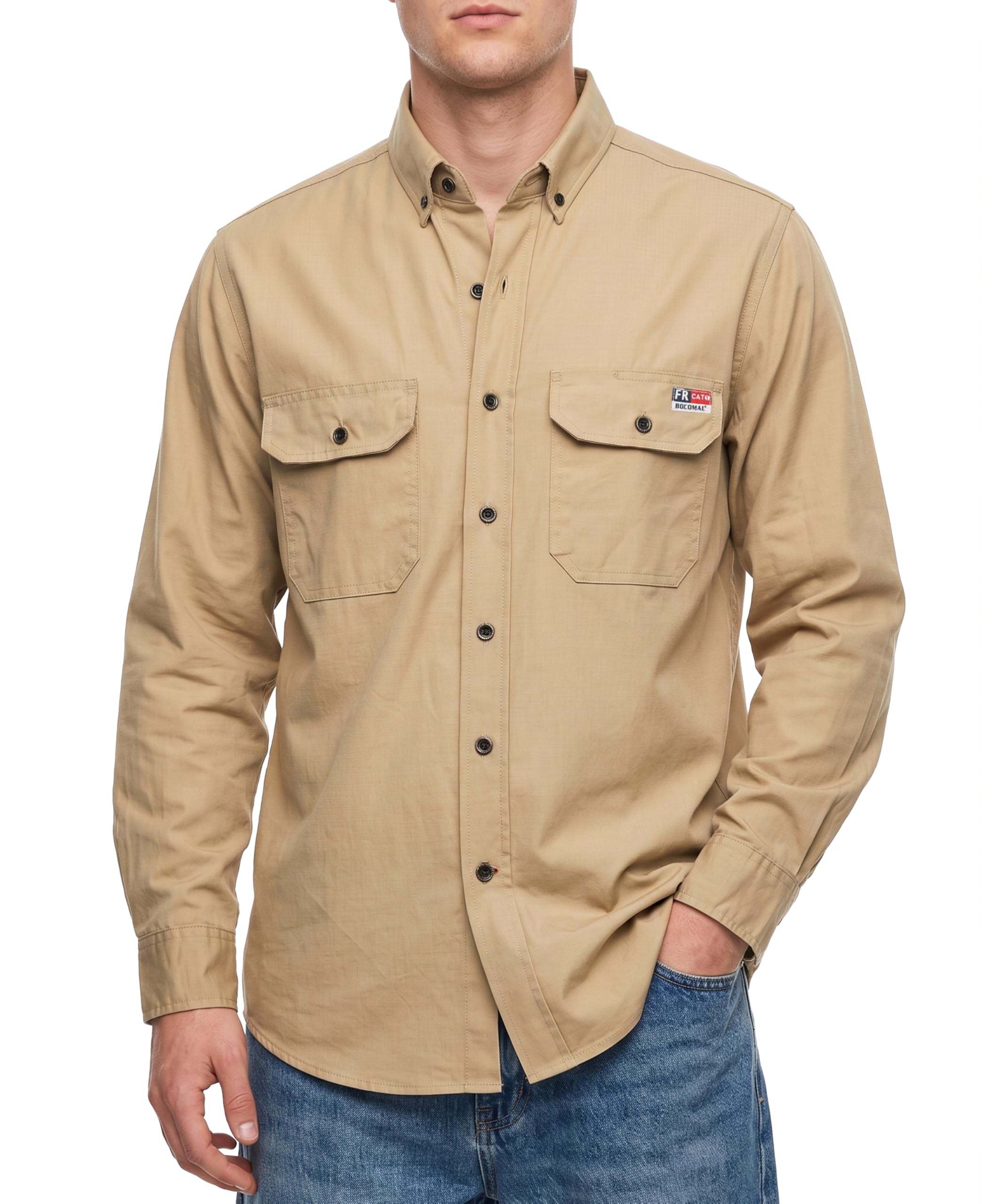 BOCOMAL FR Shirts Button Down for Summer 5.5 oz Lightweight Chambray Breathable Vented Back Flame Resistant Workwear CAT1