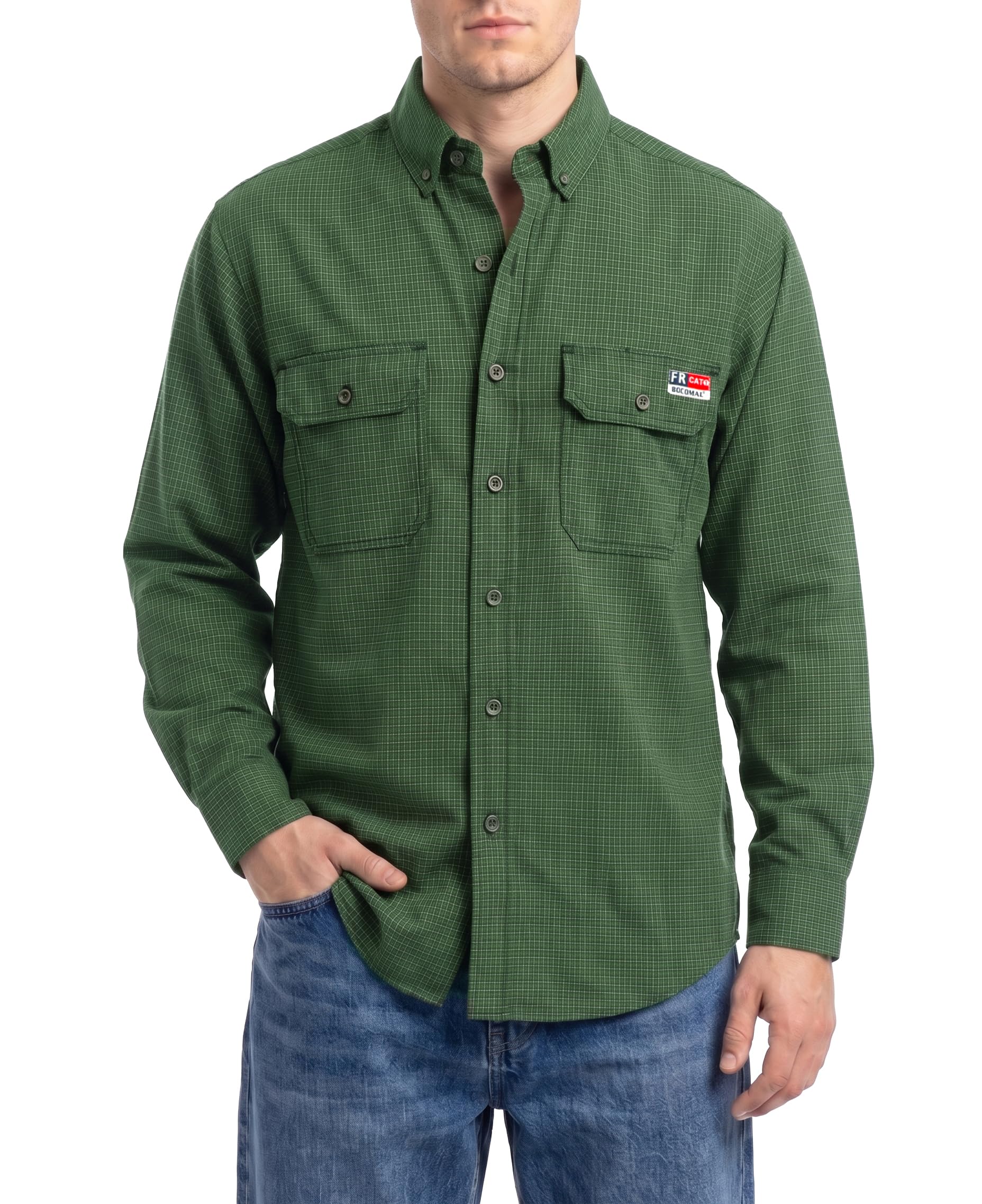 BOCOMAL FR Shirts Button Down for Summer 5.5 oz Lightweight Chambray Breathable Vented Back Flame Resistant Workwear CAT1