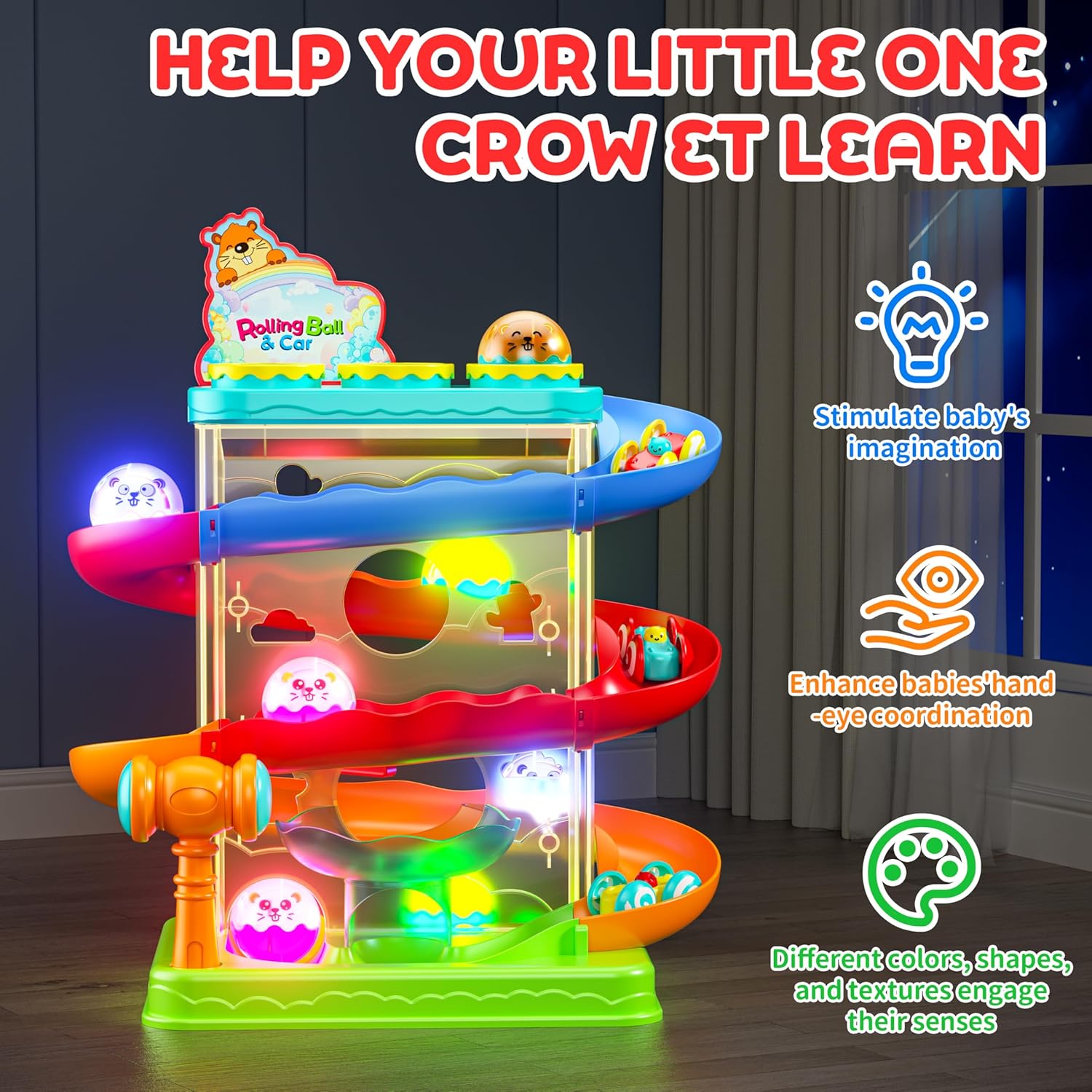 2-in-1 Rolling Ball & Car Ramp Race Track for Toddlers, Hammer Ball Drop Toy for Boys & Girls, Interactive Playset w/Sensor Lights - Montessori STEM Learning Toys for Kids 1-5+ Year Old
