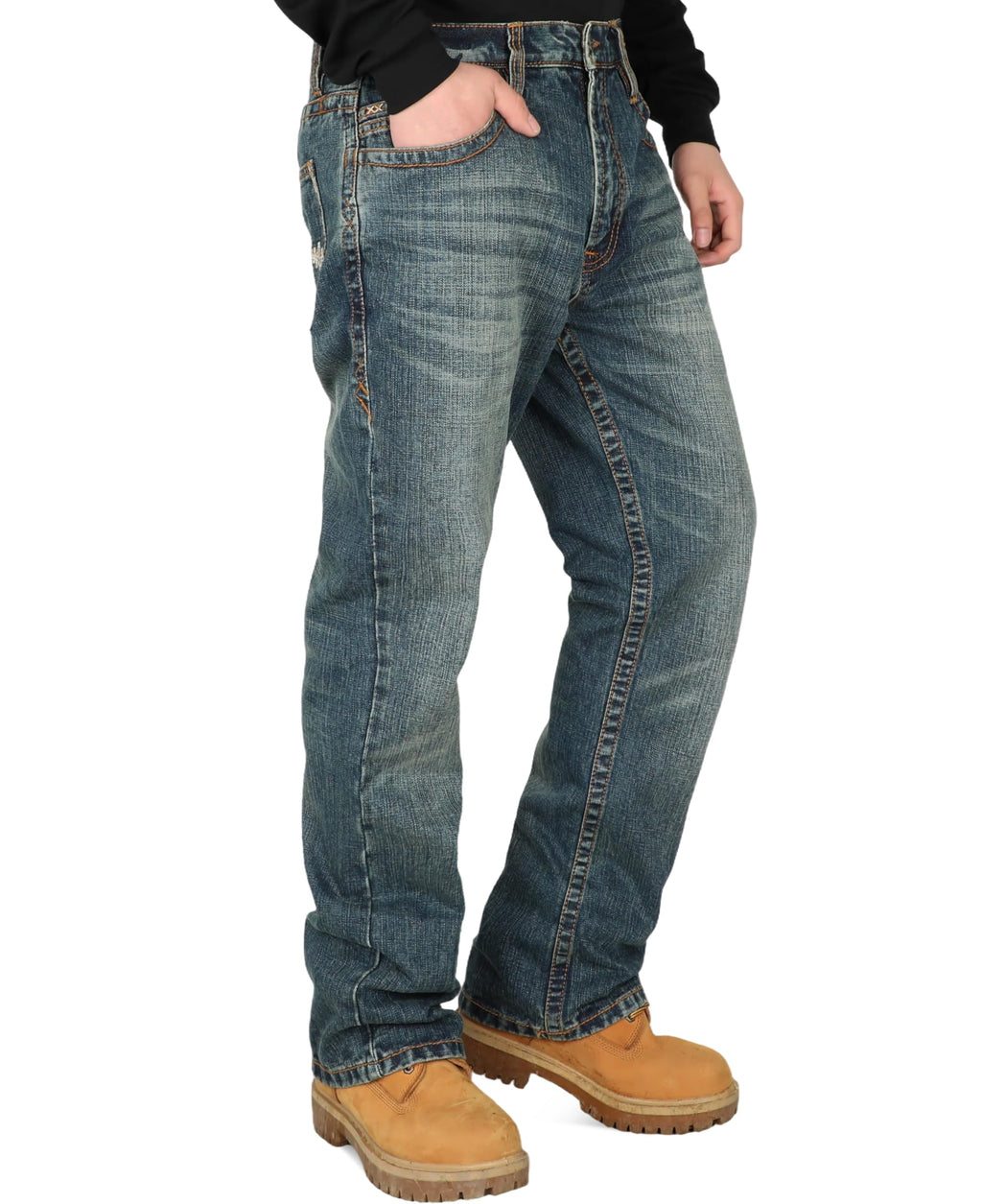 BOCOMAL Non FR-Men's Heavyweight Dura-Rugged Work Jeans Mid Rise Relaxed Fit Boot Cut 7 Utility Pockets Retro Washed Jean