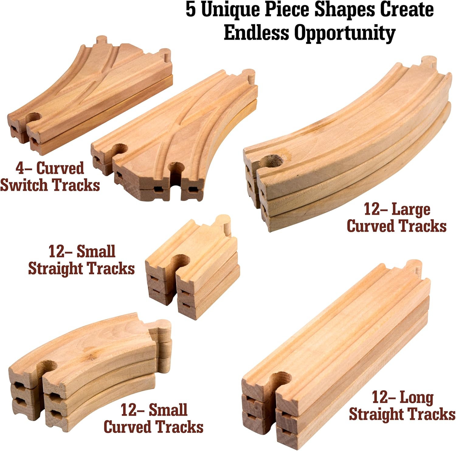 Wooden Train Track 52 Piece Set-18 Feet Of Track Expansion - 5 Distinct Pieces - 100% Compatible with All Major Brands Including Thomas Wooden Railway System: Screen Free Christmas Gift For Toddlers