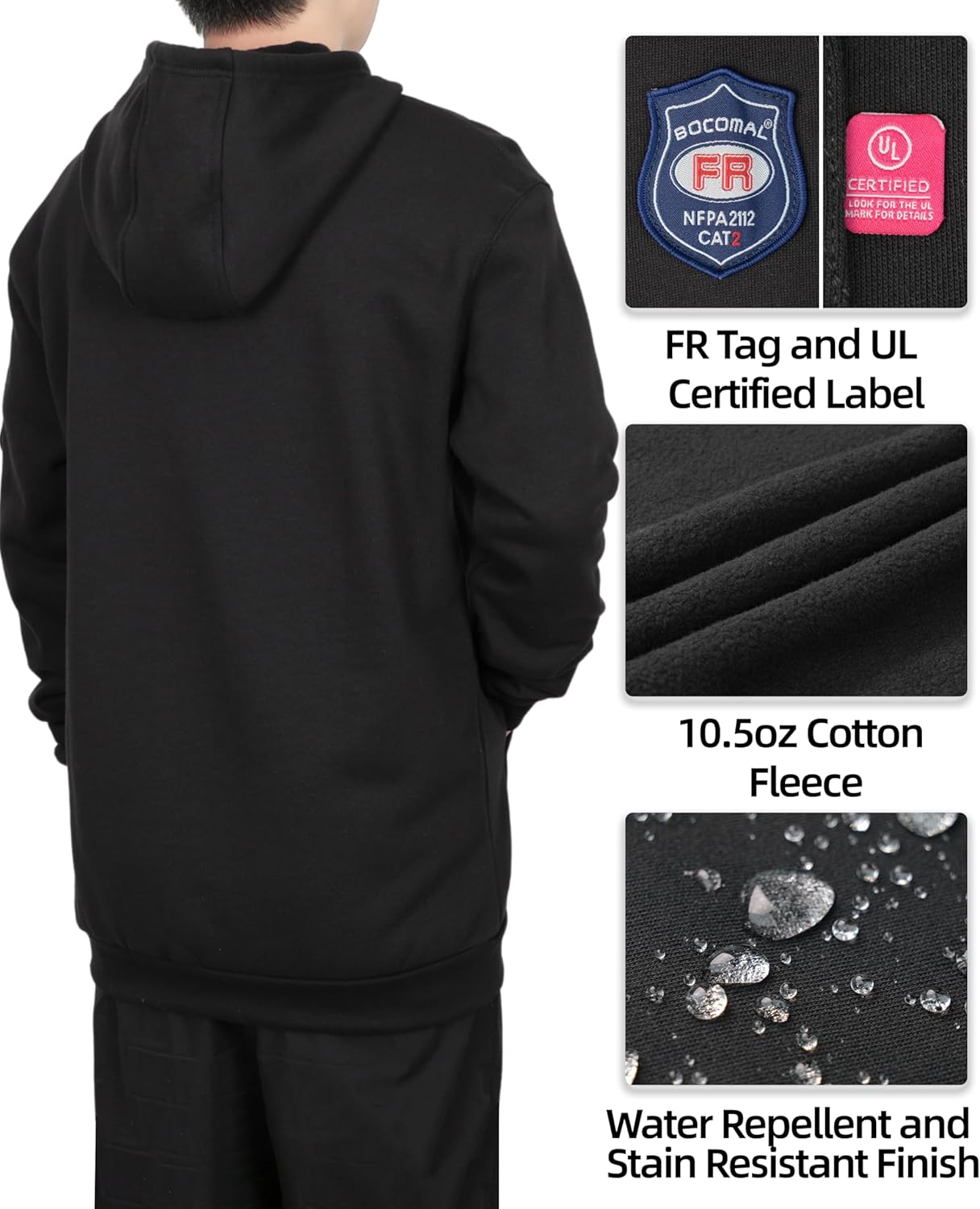 BOCOMAL FR Hoodies Pullover 10.5oz Cotton Fleece Flame Resistant Hooded Sweatshirts