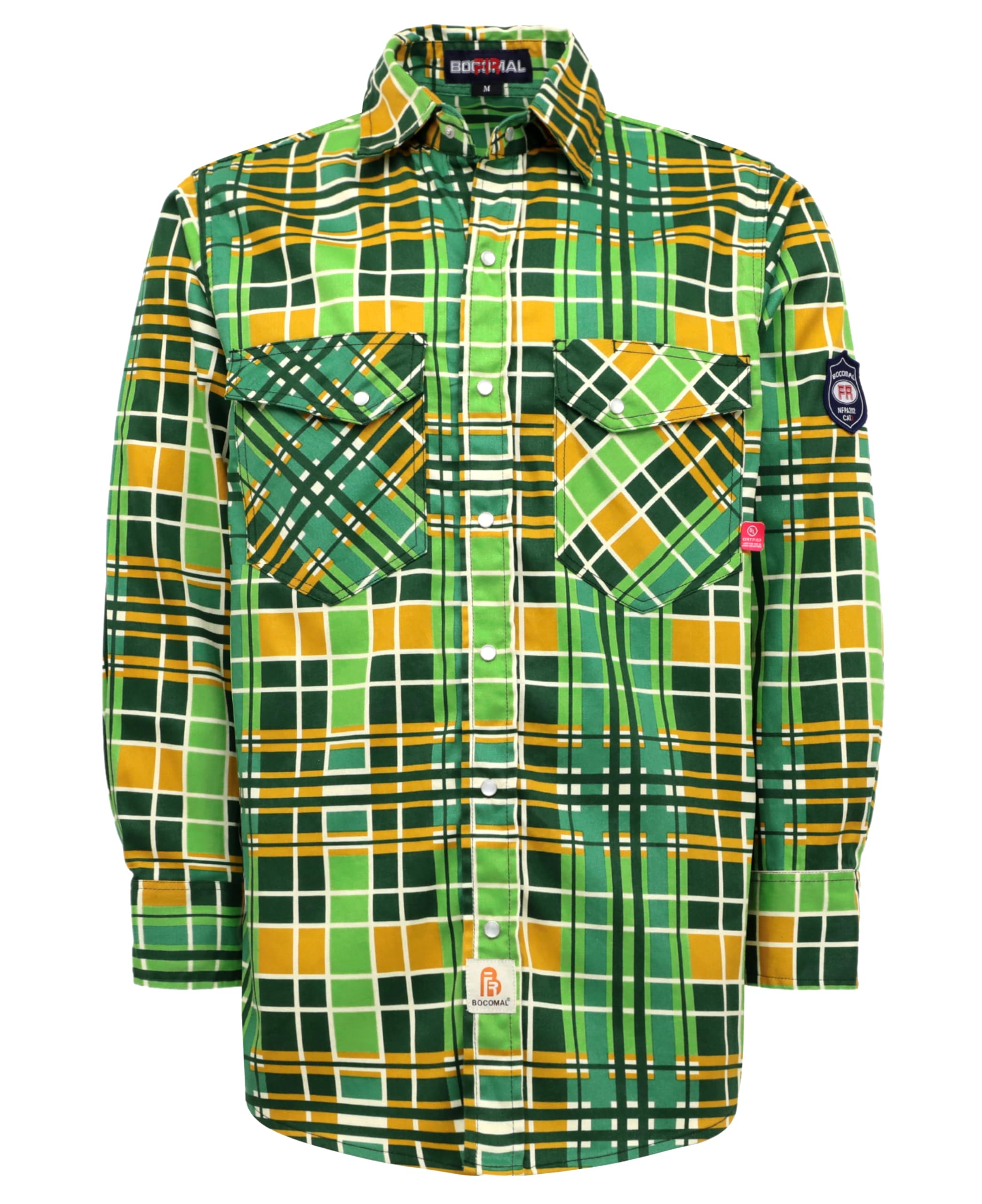 BOCOMAL FR Shirts Flame Resistant NFPA2112/CAT2 6.5oz Light Weight Printed Fire Retardant Plaid Shirt