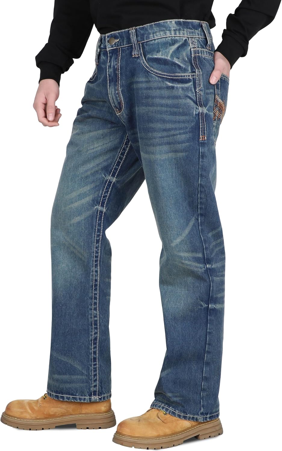 BOCOMAL Mens FR Jeans Relaxed Fit Boot Cut Retro Washed Flame Resistant Denim Work Pants NFPA2112 CAT2