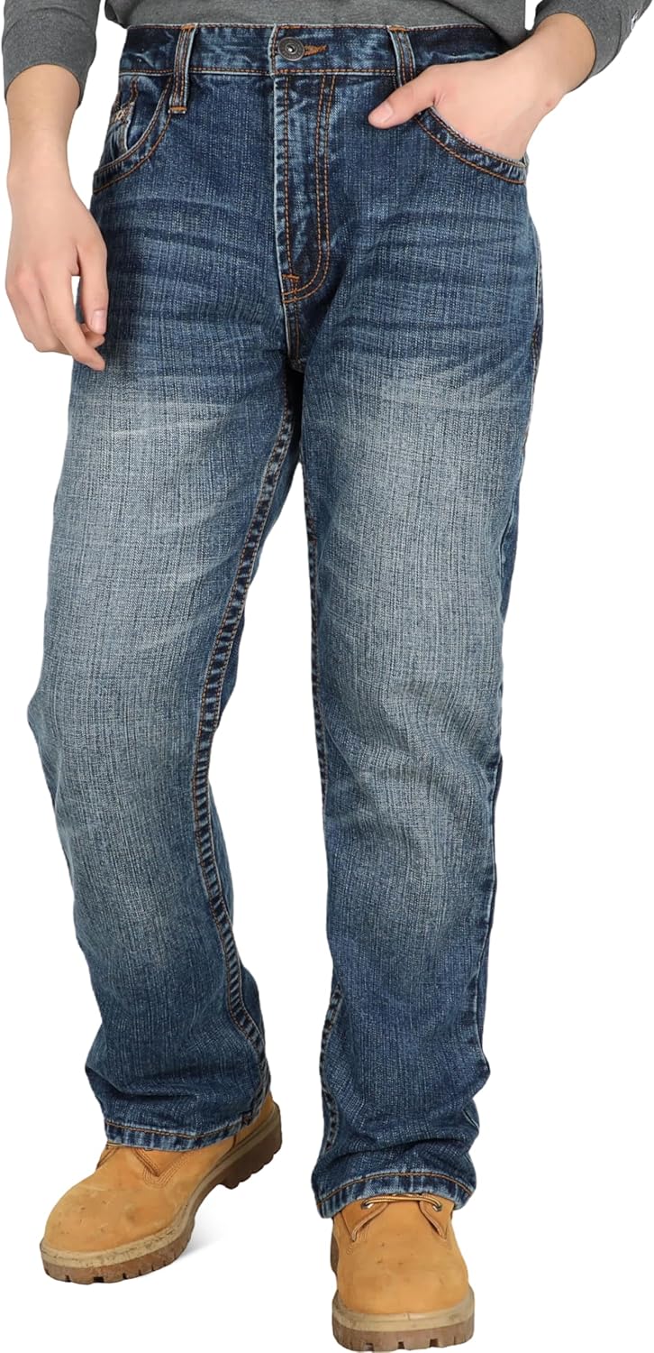 BOCOMAL Non FR-Men's Heavyweight Dura-Rugged Work Jeans Mid Rise Relaxed Fit Boot Cut 7 Utility Pockets Retro Washed Jean