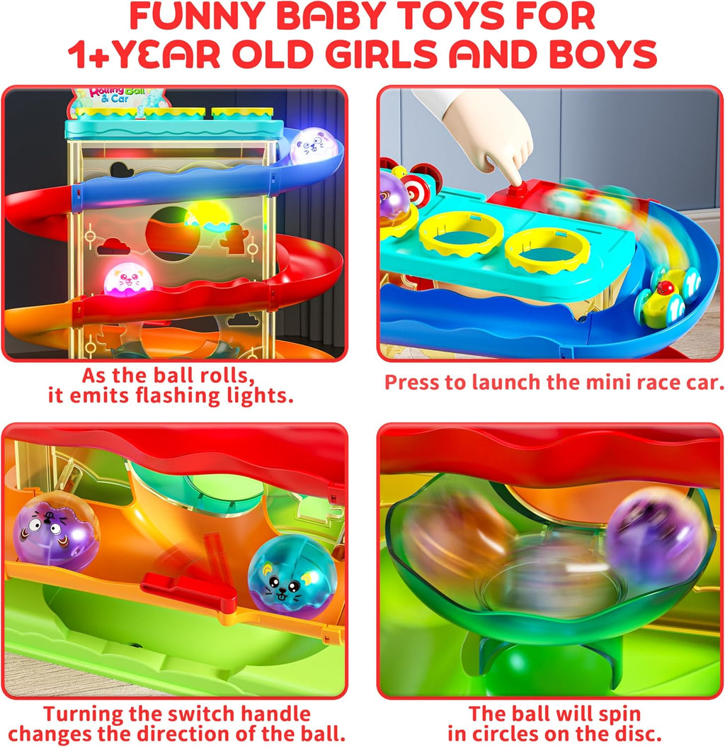 2-in-1 Rolling Ball & Car Ramp Race Track for Toddlers, Hammer Ball Drop Toy for Boys & Girls, Interactive Playset w/Sensor Lights - Montessori STEM Learning Toys for Kids 1-5+ Year Old