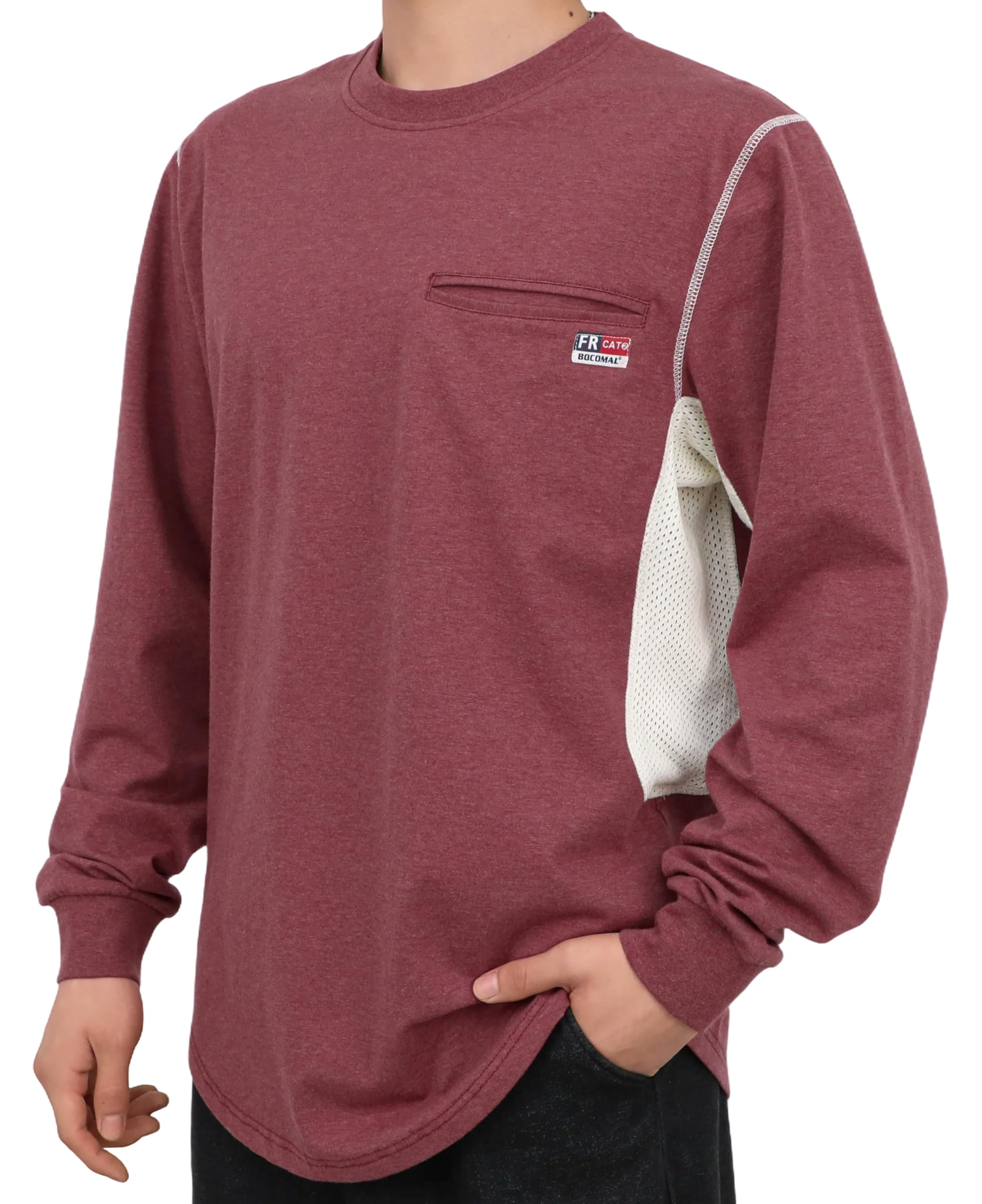 BOCOMAL FR Shirts for Summer Breathable Vented Design 6oz Heather Jersey Flame Resistant Long Sleeve Crew T Shirt