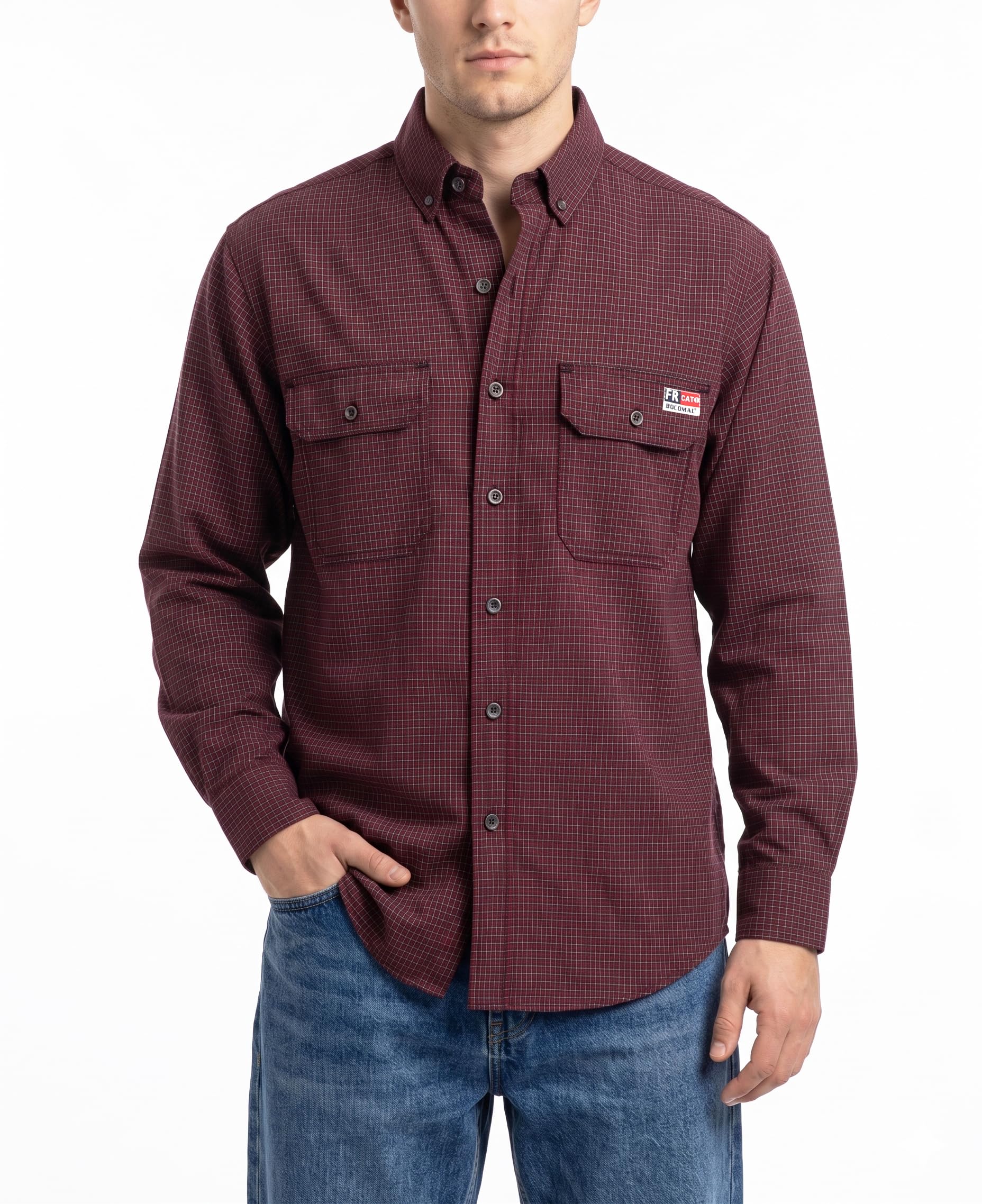 BOCOMAL FR Shirts Button Down for Summer 5.5 oz Lightweight Chambray Breathable Vented Back Flame Resistant Workwear CAT1