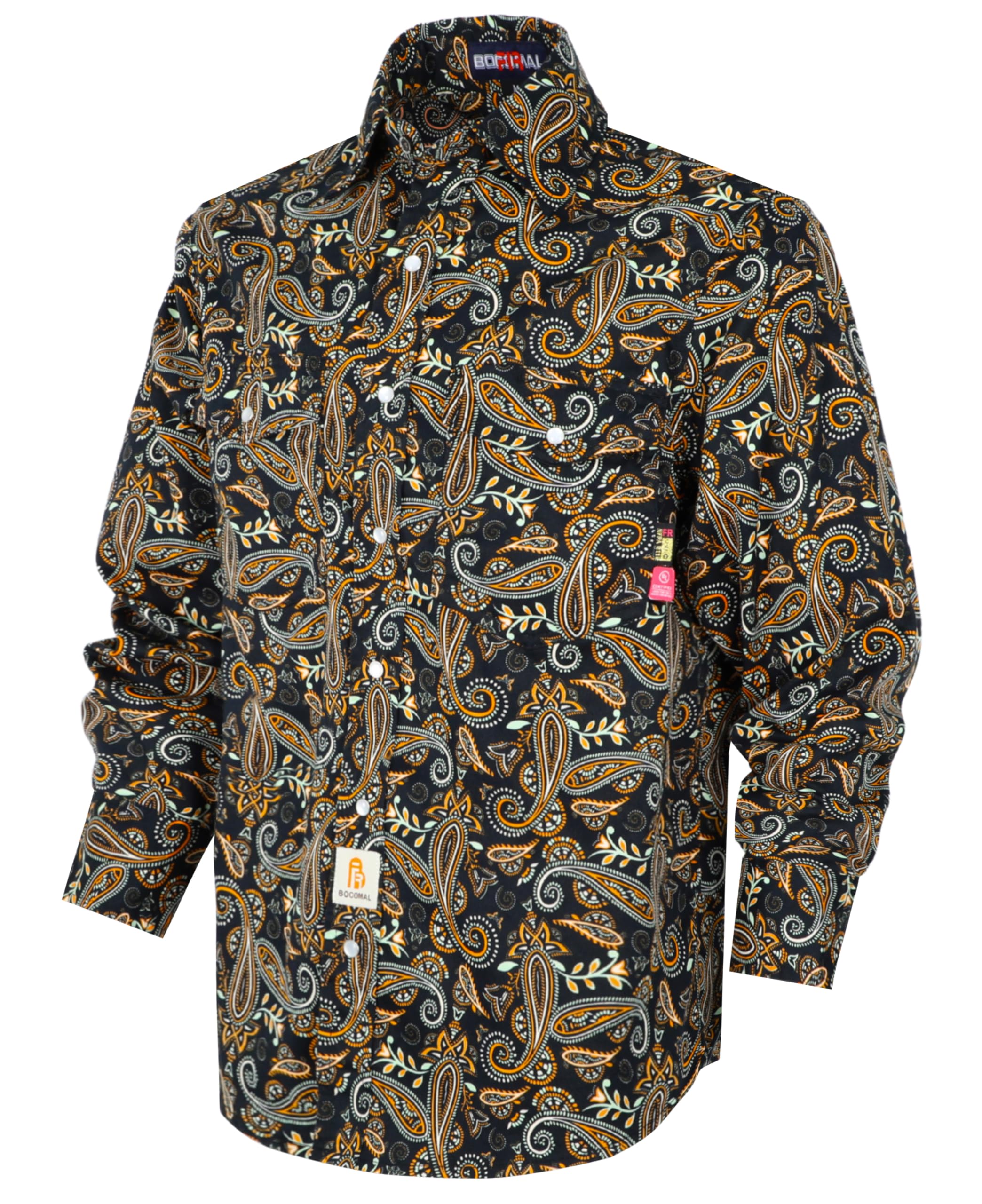BOCOMAL FR Shirts Printed Paisley/Hawaii Lightweight Pearl Snaps/Button Down Flame Resistant NFPA2112 CAT2 Work Shirt