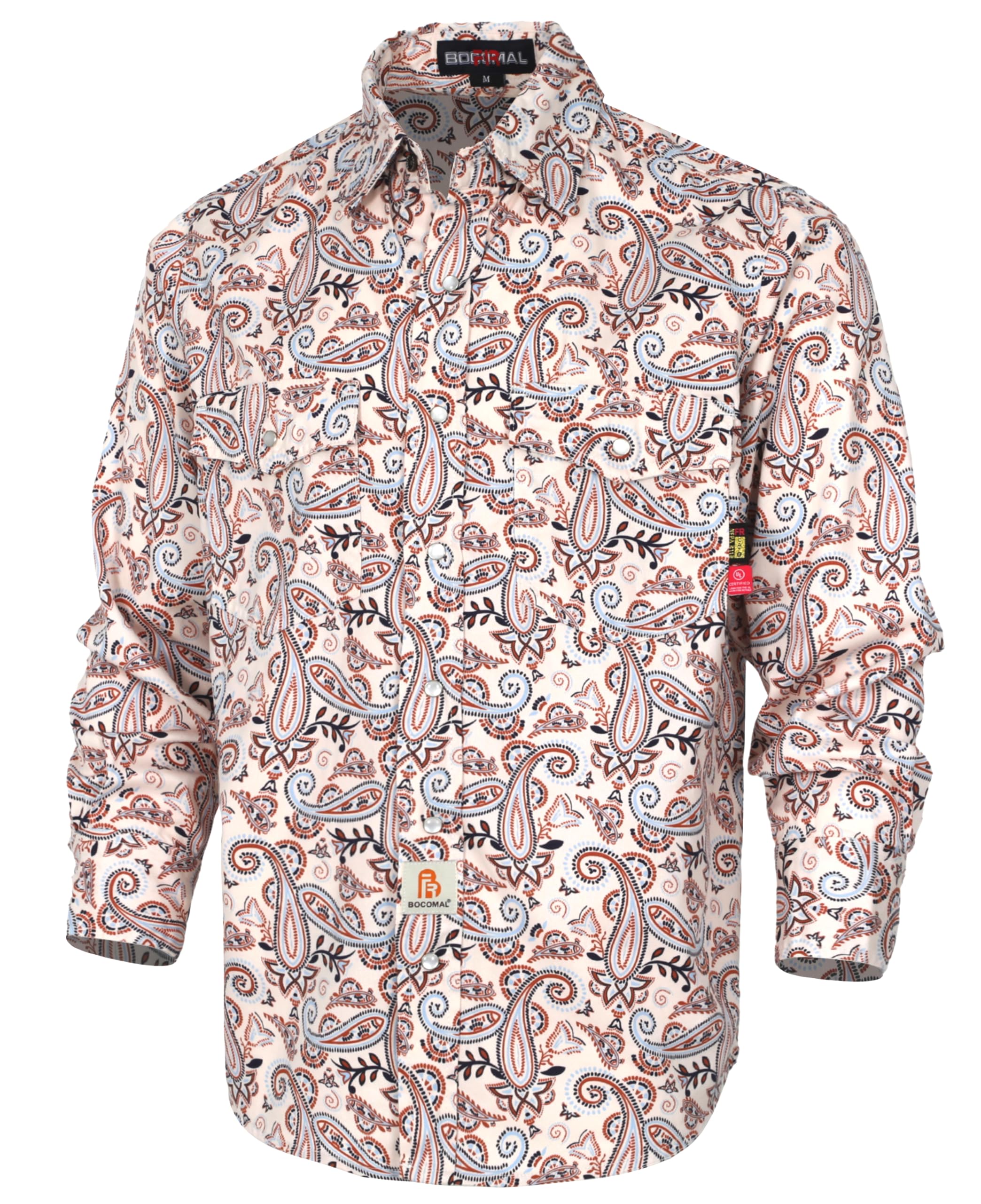 BOCOMAL FR Shirts Printed Paisley/Hawaii Lightweight Pearl Snaps/Button Down Flame Resistant NFPA2112 CAT2 Work Shirt