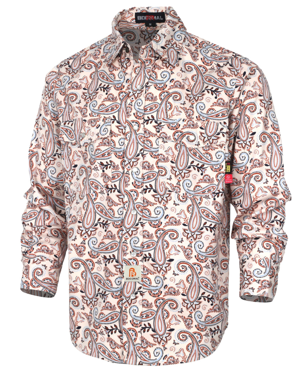 BOCOMAL FR Shirts Printed Paisley/Hawaii Lightweight Pearl Snaps/Button Down Flame Resistant NFPA2112 CAT2 Work Shirt
