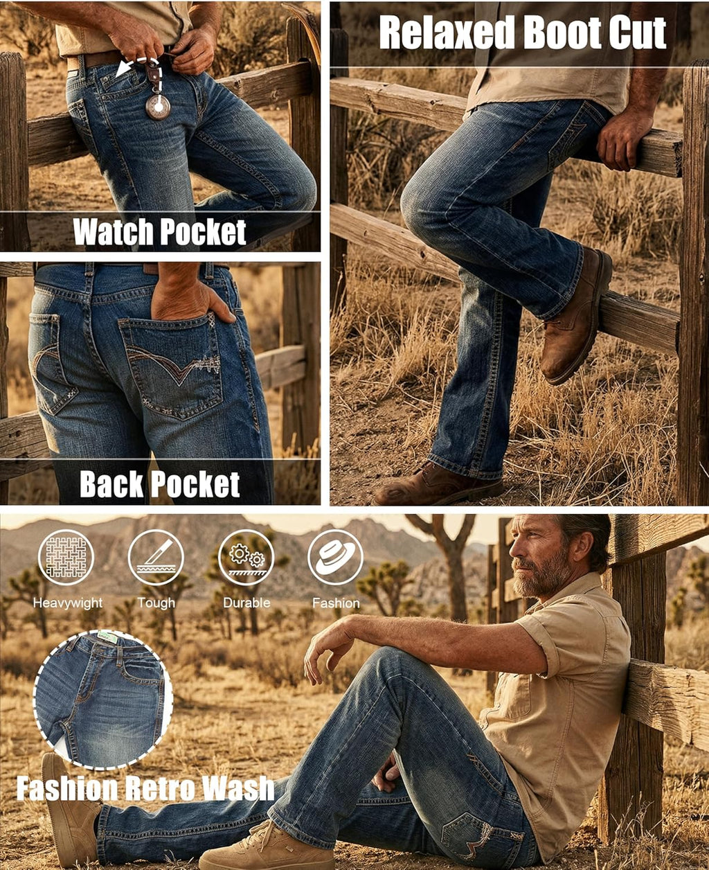 BOCOMAL Non FR-Men's Heavyweight Dura-Rugged Work Jeans Mid Rise Relaxed Fit Boot Cut 7 Utility Pockets Retro Washed Jean
