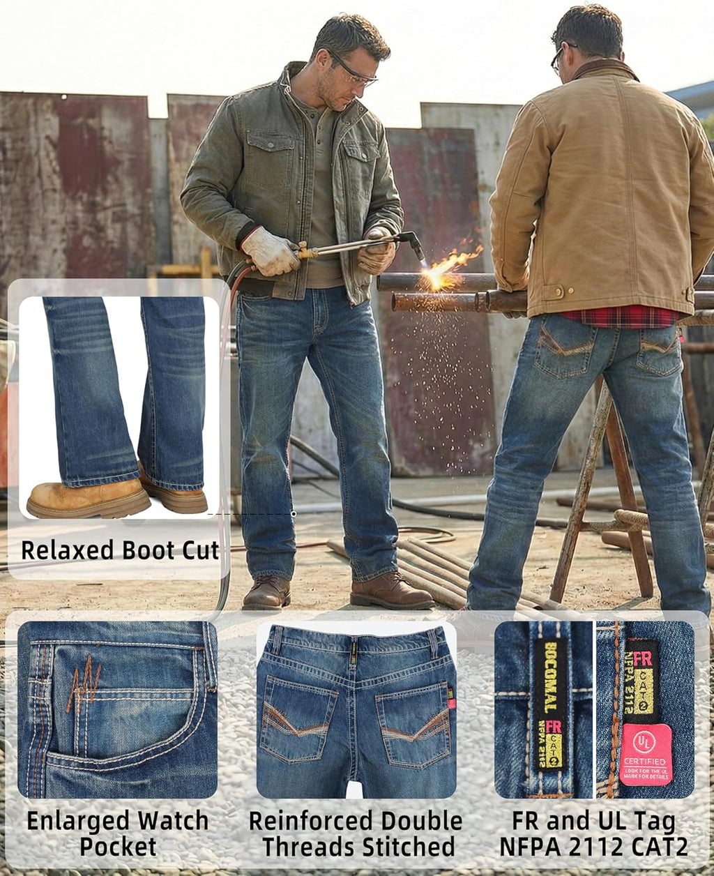 BOCOMAL Mens FR Jeans Relaxed Fit Boot Cut Retro Washed Flame Resistant Denim Work Pants NFPA2112 CAT2