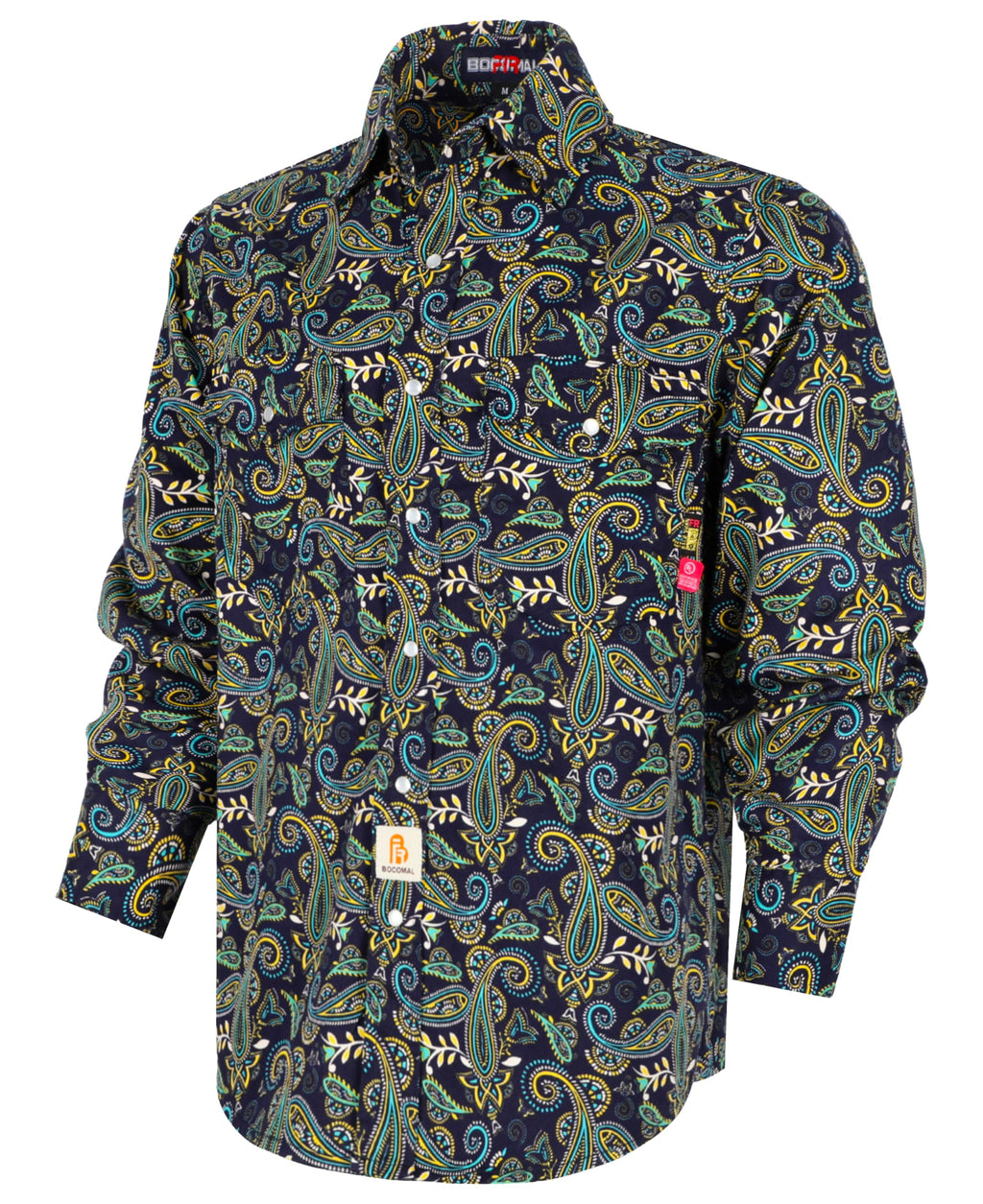 BOCOMAL FR Shirts Printed Paisley/Hawaii Lightweight Pearl Snaps/Button Down Flame Resistant NFPA2112 CAT2 Work Shirt