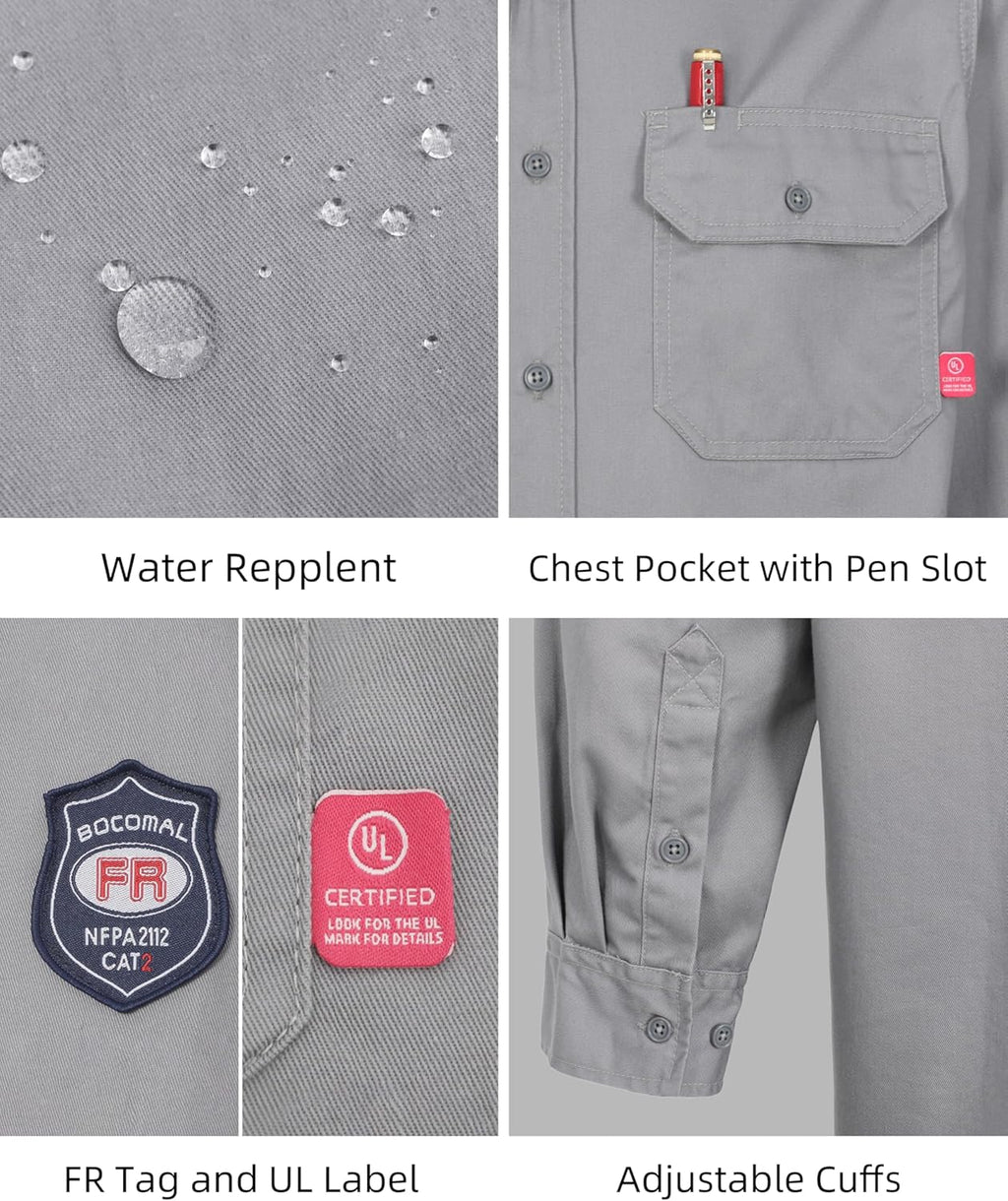 BOCOMAL FR Shirts 6.25oz Lightweight Welding Shirts Flame Resistant Men's Fire Retardant Shirt