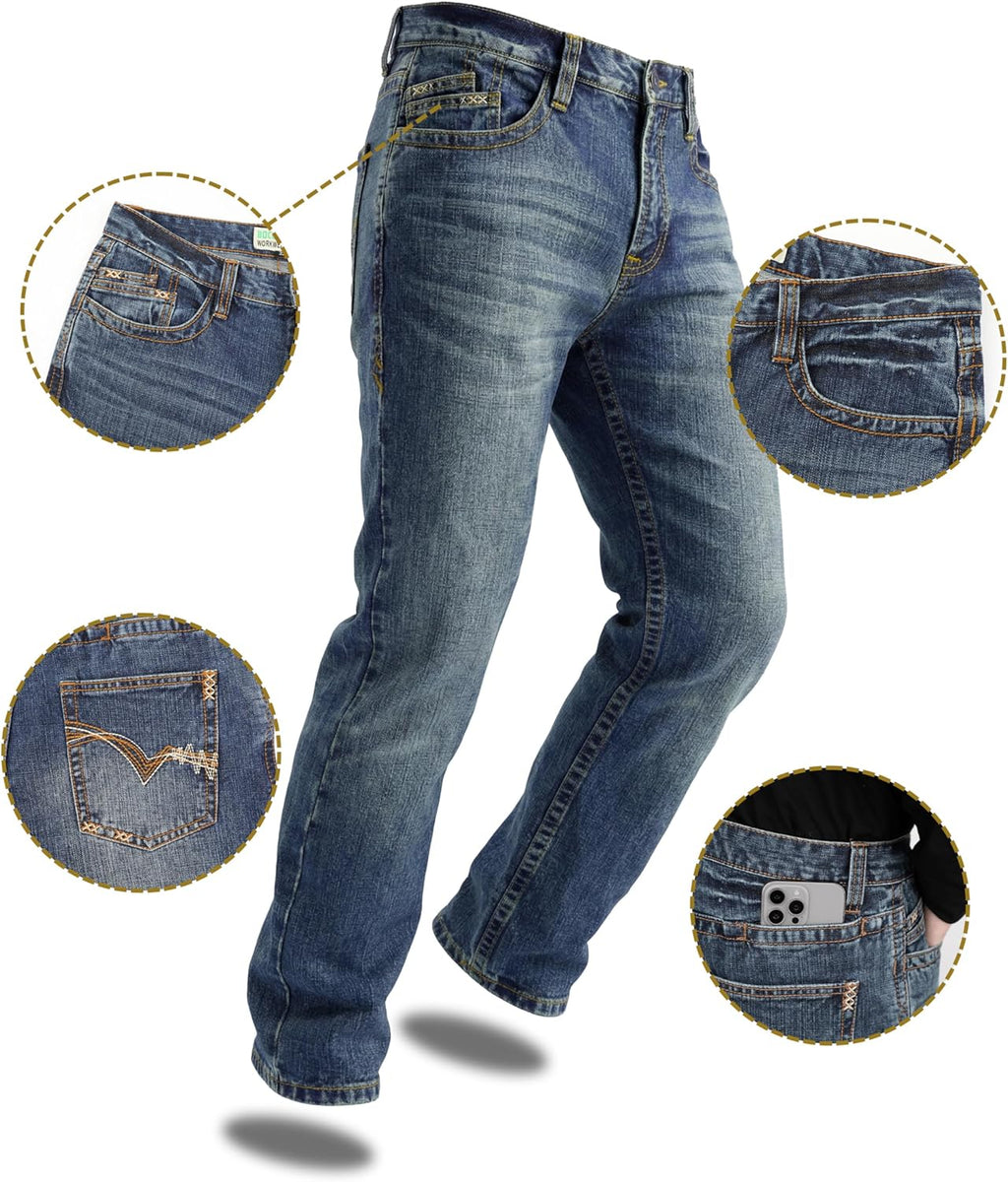 BOCOMAL Non FR-Men's Heavyweight Dura-Rugged Work Jeans Mid Rise Relaxed Fit Boot Cut 7 Utility Pockets Retro Washed Jean
