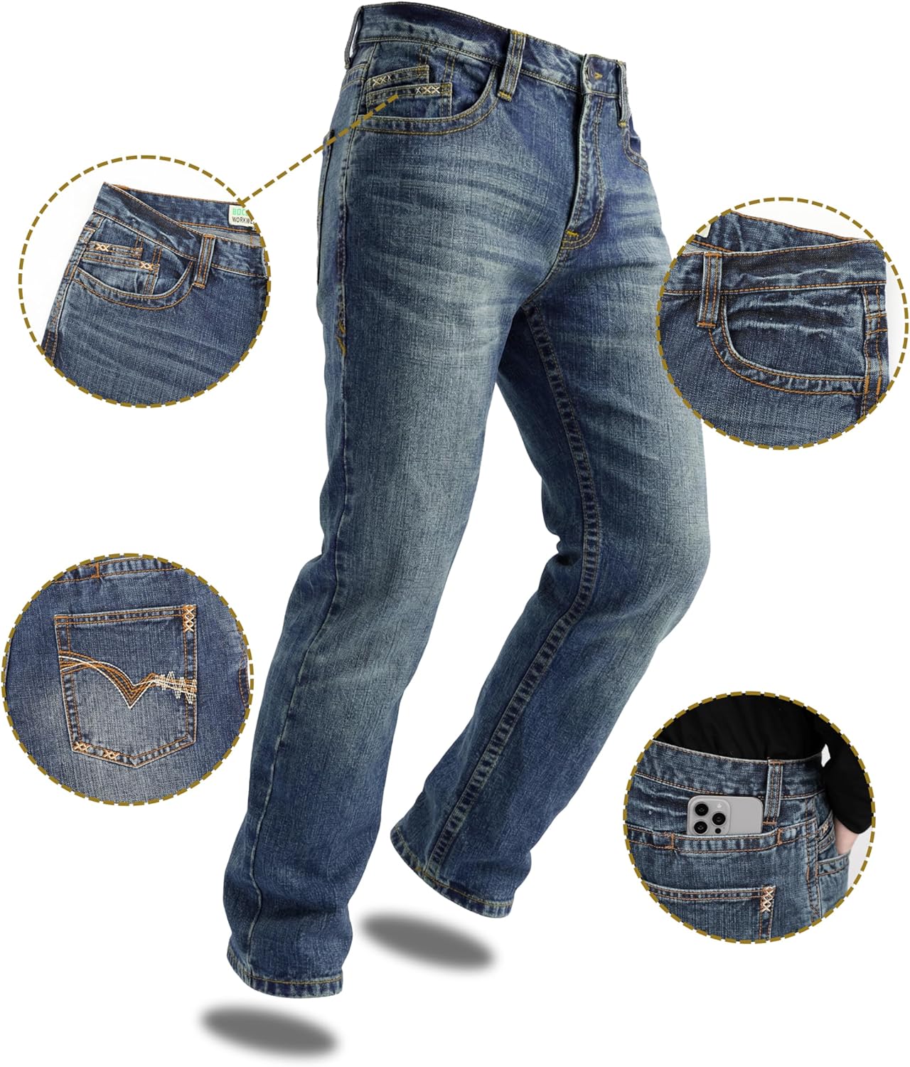 BOCOMAL Non FR-Men's Heavyweight Dura-Rugged Work Jeans Mid Rise Relaxed Fit Boot Cut 7 Utility Pockets Retro Washed Jean