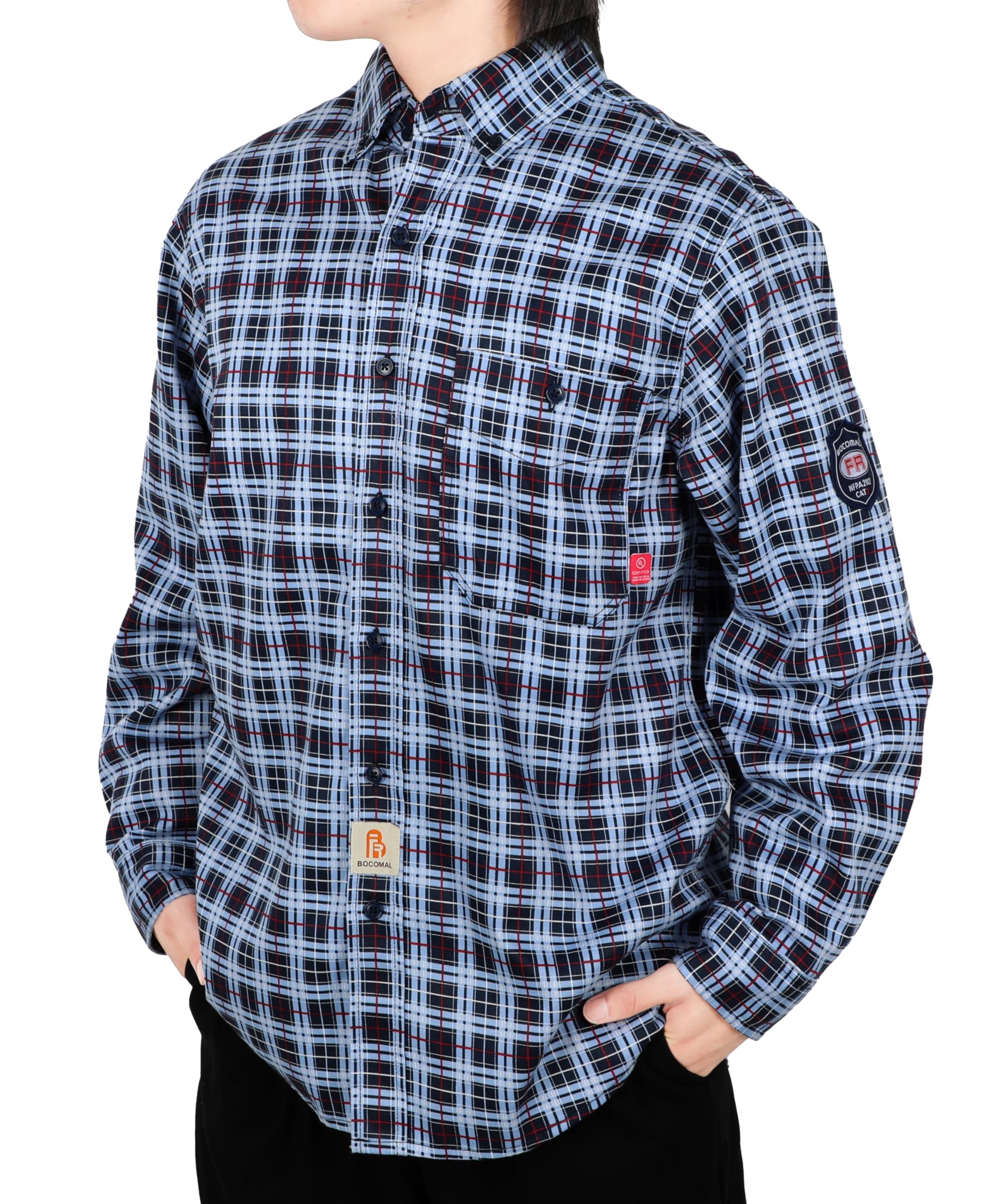 BOCOMAL FR Shirts Flame Resistant NFPA2112/CAT2 6.5oz Light Weight Printed Fire Retardant Plaid Shirt