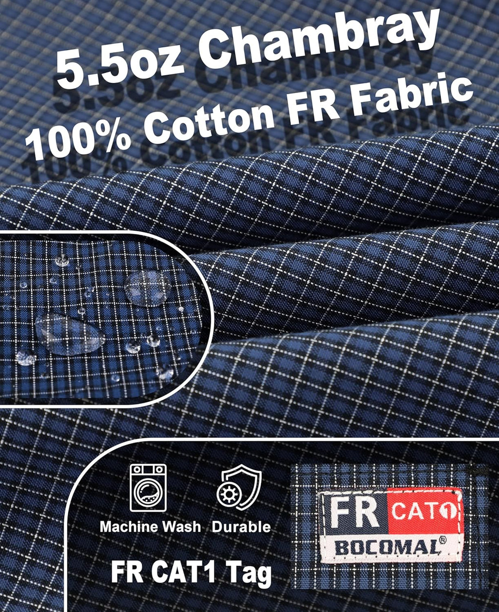 BOCOMAL FR Shirts Button Down for Summer 5.5 oz Lightweight Chambray Breathable Vented Back Flame Resistant Workwear CAT1