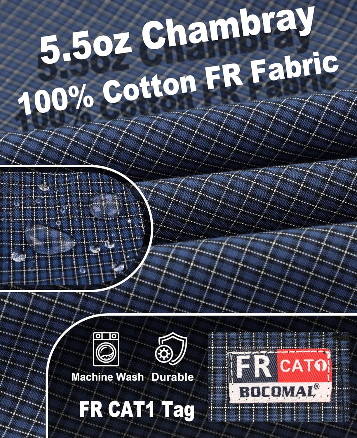 BOCOMAL FR Shirts Button Down for Summer 5.5 oz Lightweight Chambray Breathable Vented Back Flame Resistant Workwear CAT1