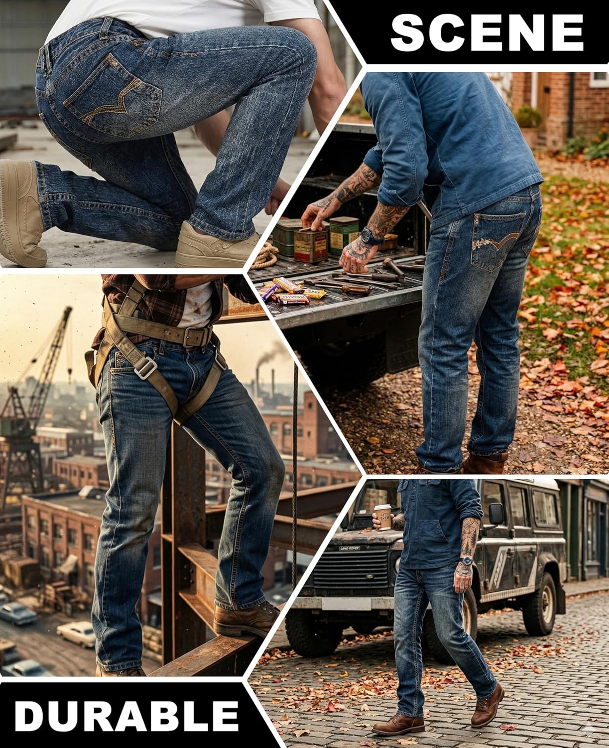 BOCOMAL Non FR-Men's Heavyweight Dura-Rugged Work Jeans Mid Rise Relaxed Fit Boot Cut 7 Utility Pockets Retro Washed Jean