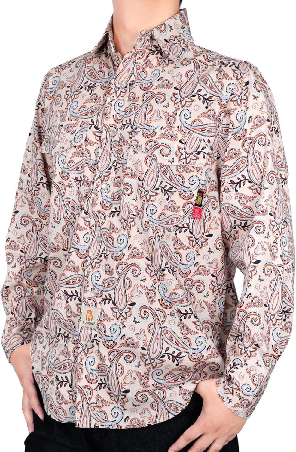 BOCOMAL FR Shirts Printed Paisley/Hawaii Lightweight Pearl Snaps/Button Down Flame Resistant NFPA2112 CAT2 Work Shirt