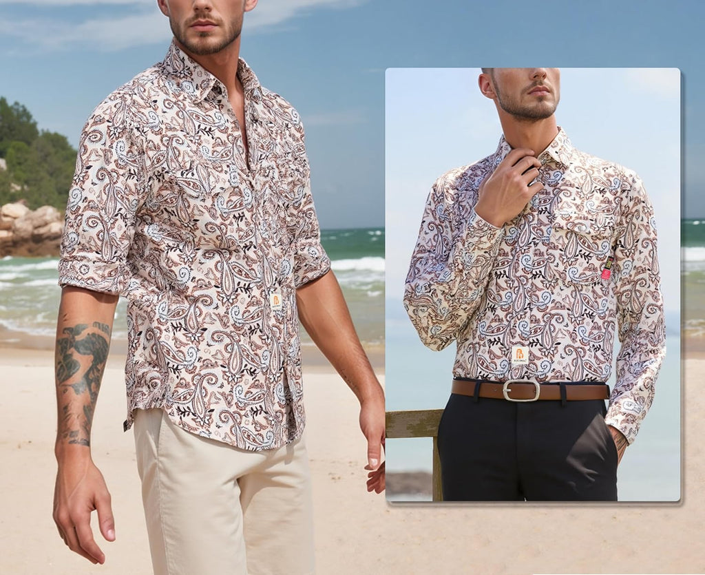 BOCOMAL FR Shirts Printed Paisley/Hawaii Lightweight Pearl Snaps/Button Down Flame Resistant NFPA2112 CAT2 Work Shirt
