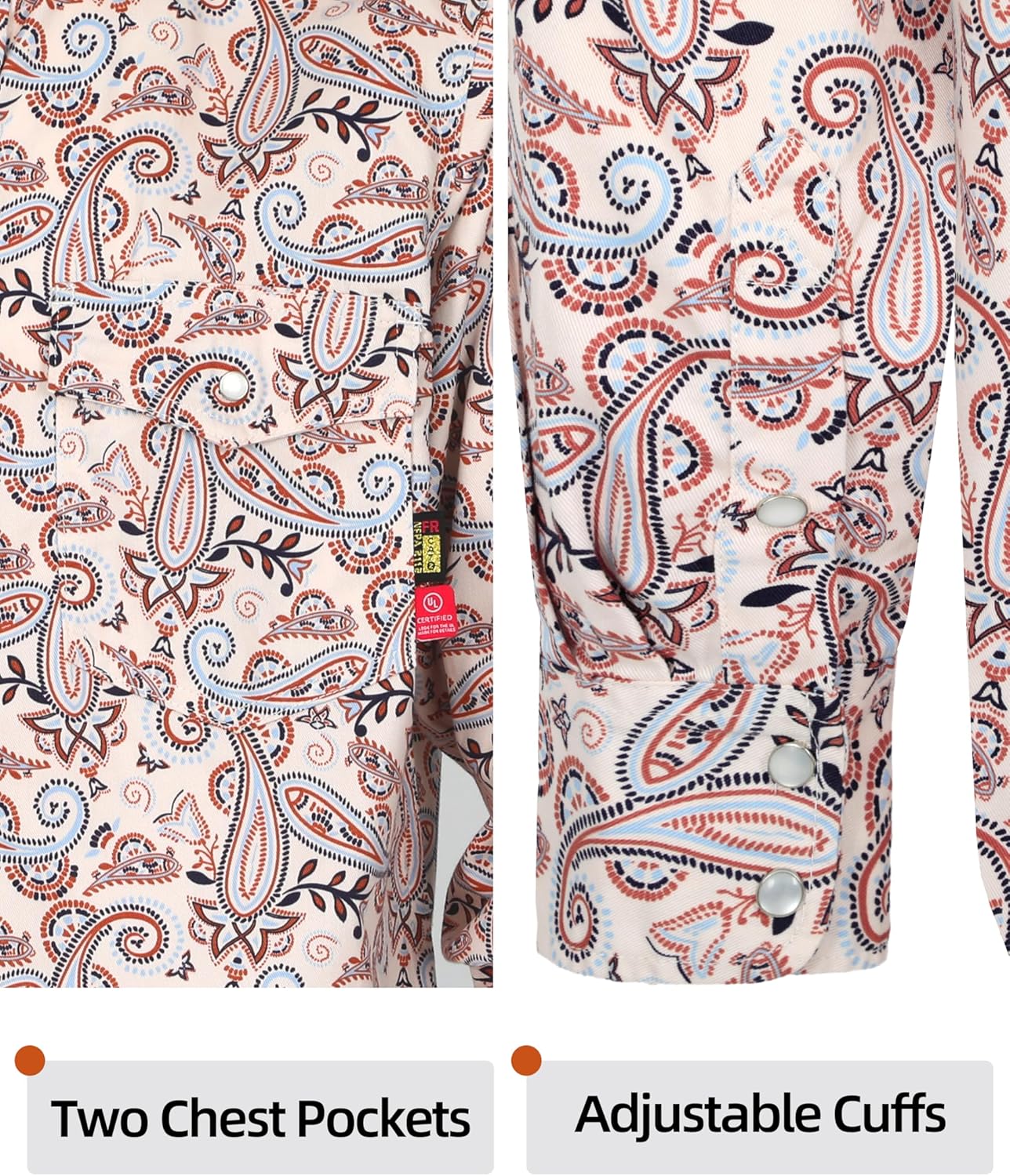 BOCOMAL FR Shirts Printed Paisley/Hawaii Lightweight Pearl Snaps/Button Down Flame Resistant NFPA2112 CAT2 Work Shirt